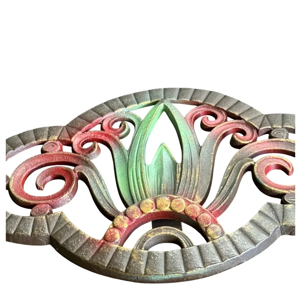 Vintage JUDD Cast Iron Curtain‎ Tieback Art Nouveau Scroll Red Green Gold Metal